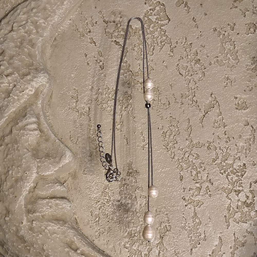 Chico's 5 Pearl Lariat Elegant Drop Necklace - Adjustable- Silver Tone